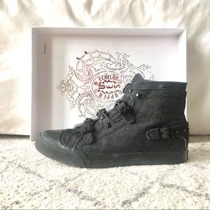 Black Denim Hightop Sneaker with Studded Strap